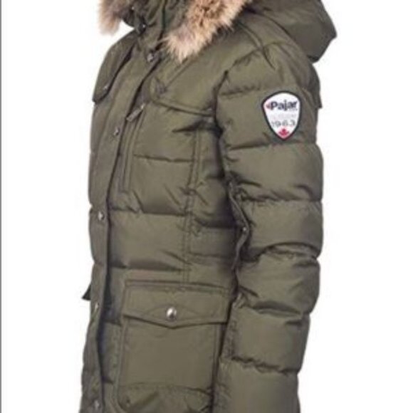 Pajar Coat Womens X-Small Military Green Serena Down Parka Jacket Fur Hood